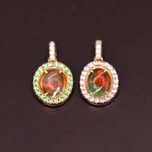 Beautiful Flame Two Side Mexican Fire Opal, Diamond Necklace 18K Yellow Gold